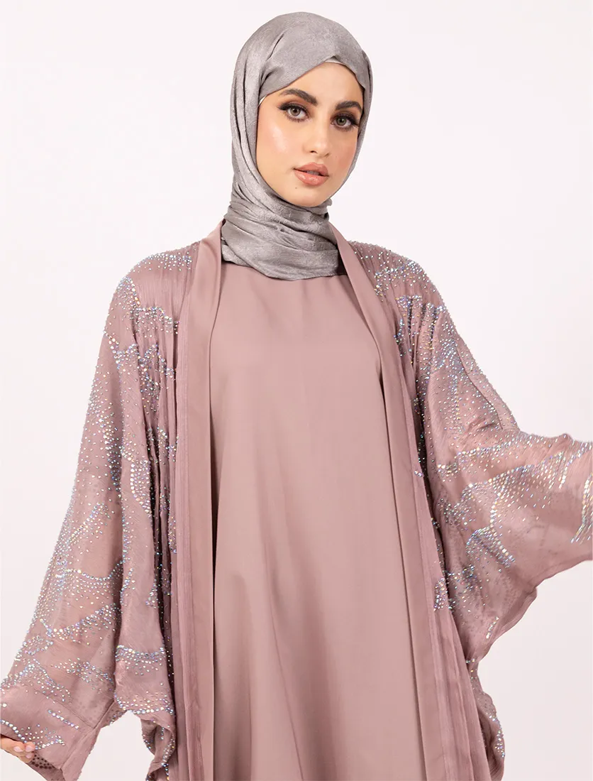 Pink Crystal Embellished Sheer Overlay Abaya